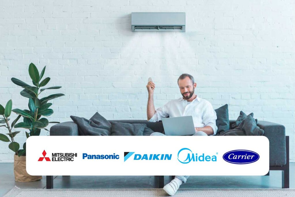 Air conditioning brands. Mitsubishi, Panasonic, Daikin, Midea, Carrier.