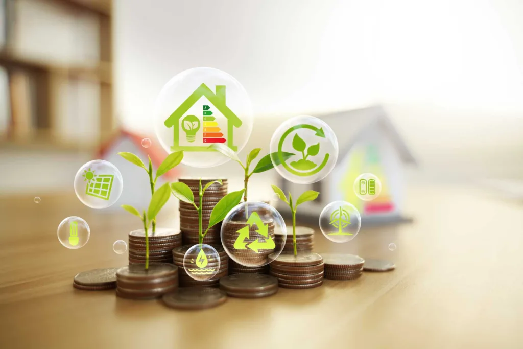 Energy-efficient home savings concept with plants growing from coins and eco-friendly icons, symbolising heat pump hot water, solar power, and sustainability in Victoria.