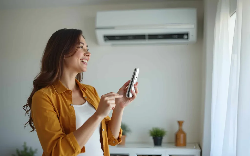 Smiling woman using remote control for energy-efficient air conditioner in Melbourne home – best aircon brands Melbourne