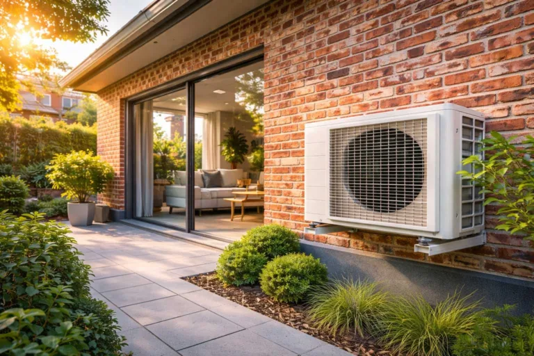 This image shows a modern Melbourne home featuring an outdoor inverter air conditioning system installed under the Victorian Energy Upgrades (VEU) program. The upgrade helps households improve energy efficiency, reduce electricity bills, and access government air conditioning rebates in Victoria.