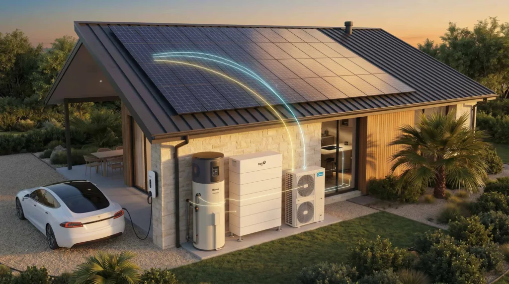 Melbourne home electrification upgrade with solar panels, battery storage, heat pump hot water and energy-efficient reverse cycle air conditioning in Victoria